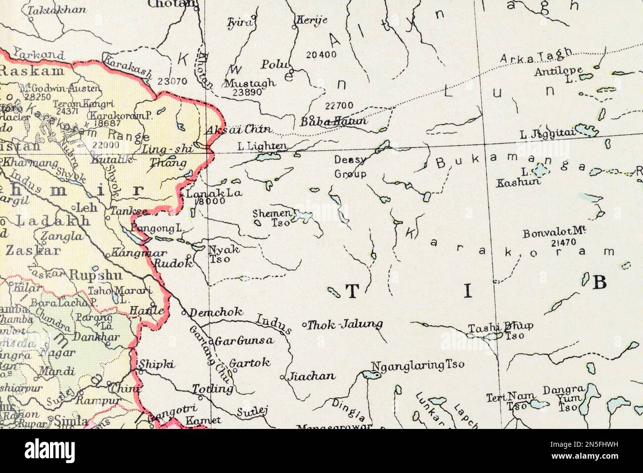 c1935 carte historique de l'atlas d'Aksai Chin, lac Pangong, région de l'Arunachal Pradesh, dont certaines parties sont contestées entre l'Inde et la Chine. Banque D'Images