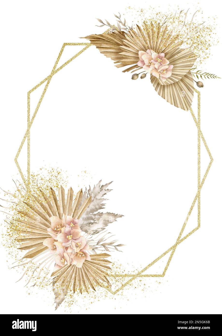 Aquarelle florale cadre de style boho avec des feuilles exotiques de palmier tropical et des fleurs d'orchidées. Modèle dessiné à la main avec texture dorée pour une carte de vœux ou une invitation. Illustration de plantes sèches isolées. Banque D'Images