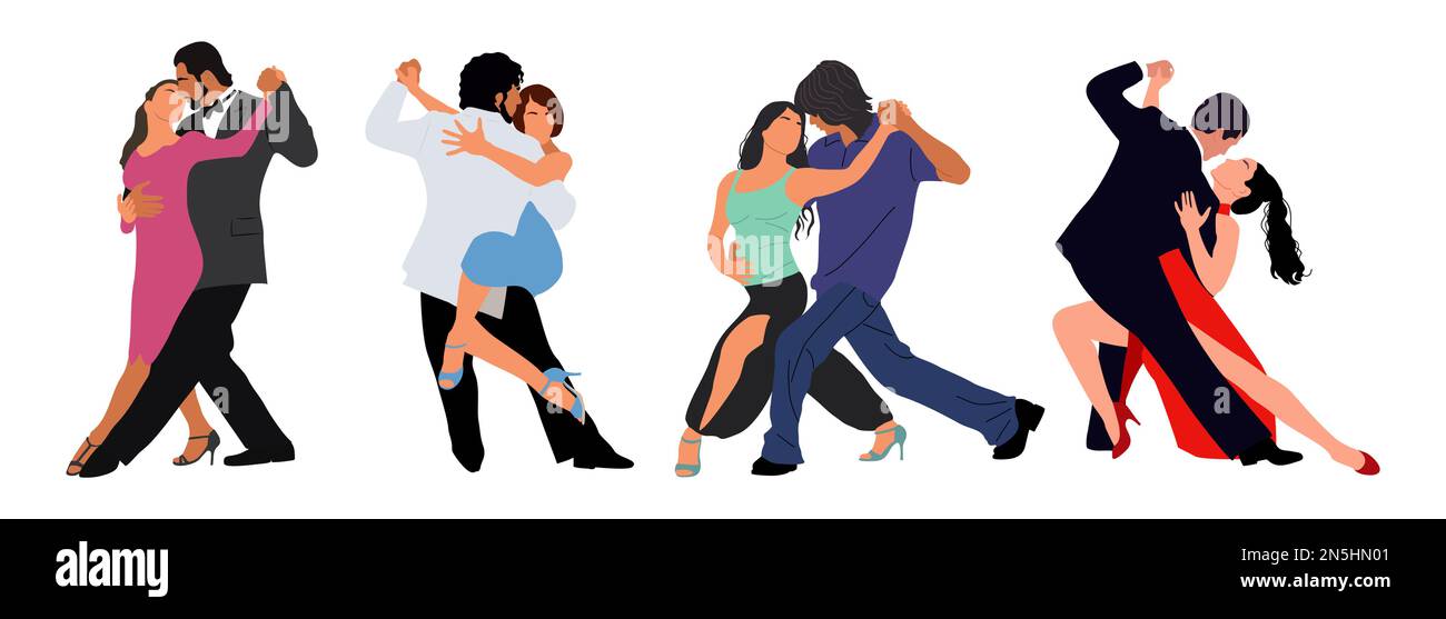 Ensemble de différents couples dansants, danseurs Tango, Salsa, Bachata, Latina Dance. Illustration de Vecteur