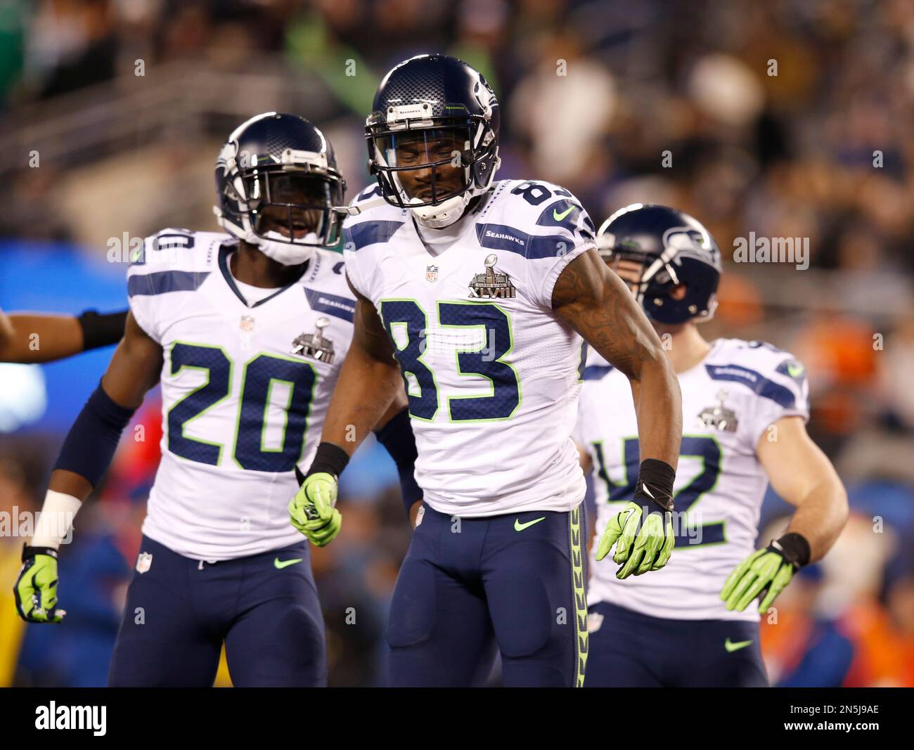 Seattle Seahawks' Ricardo Lockette (83) reacts during the second half of the NFL Super Bowl XLVIII football game against the Denver Broncos Sunday, Feb. 2, 2014, in East Rutherford, N.J. (AP Photo/Evan Vucci) Banque D'Images