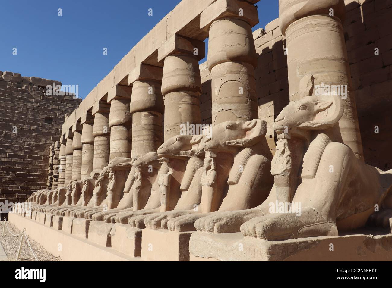 Statues de sphinx à tête de RAM au temple de Karnak à Louxor, en Égypte Banque D'Images