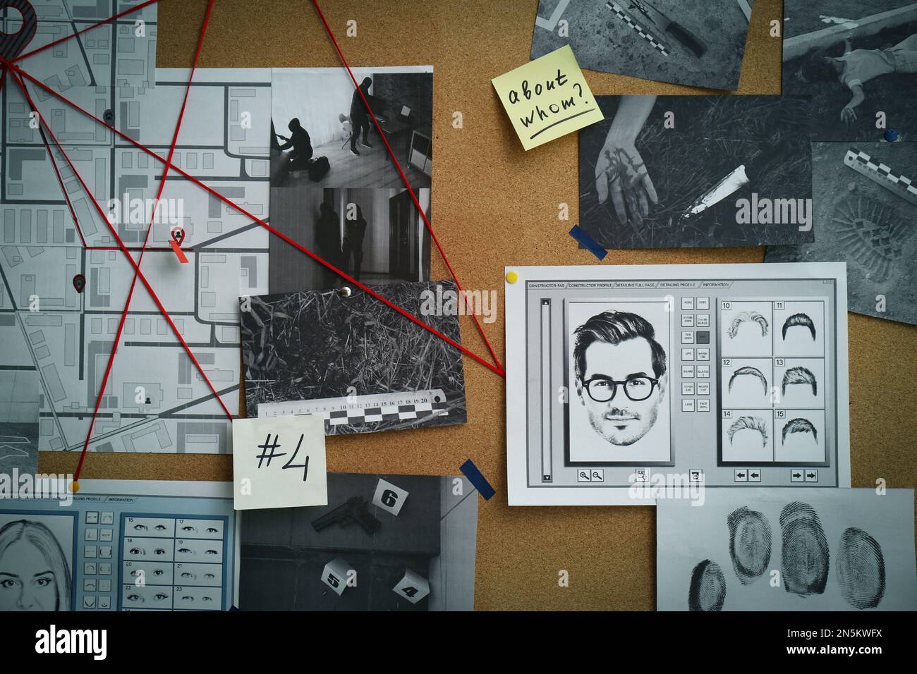 Tableau de détection avec empreintes digitales, photos de scènes de crime et fils rouges, gros plan Banque D'Images