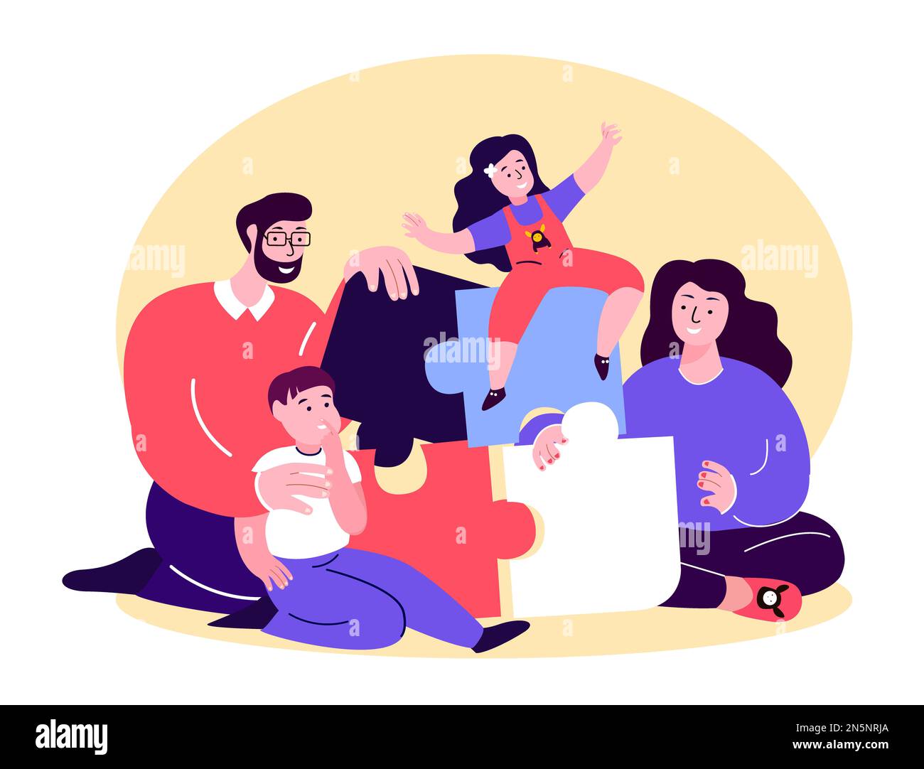 Happy Smiling Family Playing Board Game.Young Adult parents Collecting Puzzle.Mother,Father,mari, femme,enfant enfant fille, son.Girl,Boy parents C Banque D'Images