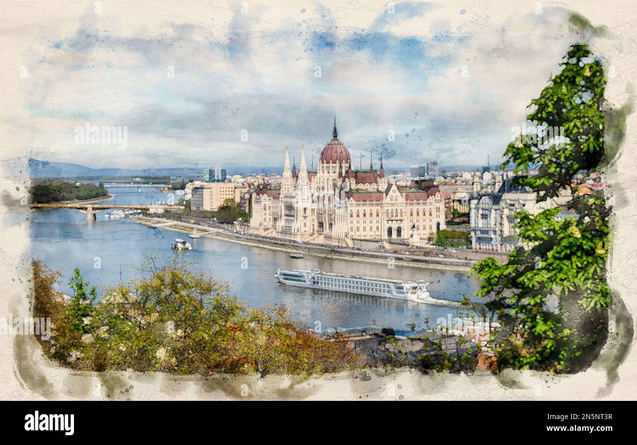 Bâtiment du Parlement hongrois à Budapest, Hongrie, dans un style aquarelle. Banque D'Images