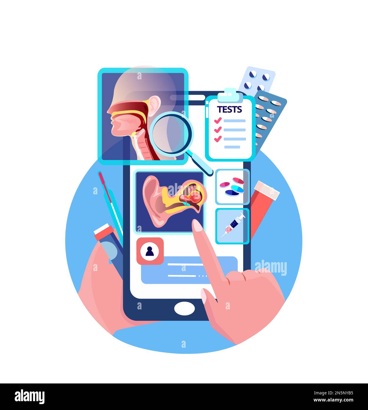 Application mobile ORL-diagnostic à écran tactile en ligne.smartphone oreille, nez, consultation de la gorge.Tonsili,otite,larynx,sinusite traitement numérique.ORL Cl Banque D'Images