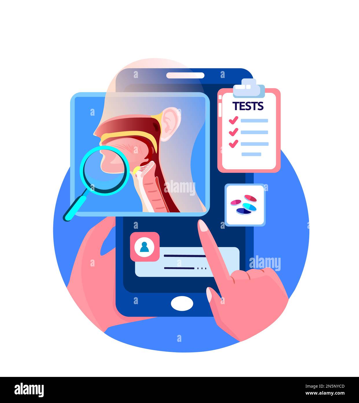 En ligne ORL-diagnostic inflammation.application mobile à écran tactile.smartphone nez, consultation de gorge. Tonsilis, larynx, sinusite traitement numérique.O Banque D'Images