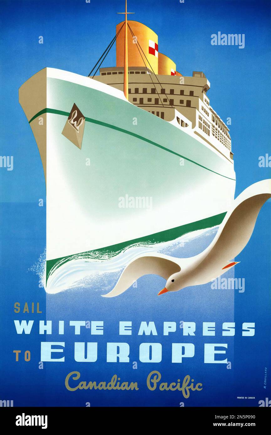 Voile White Empress vers l'Europe. Canadien Pacifique par Roger Couillard (1910-1999). Affiche publiée en 1950 au Canada. Banque D'Images