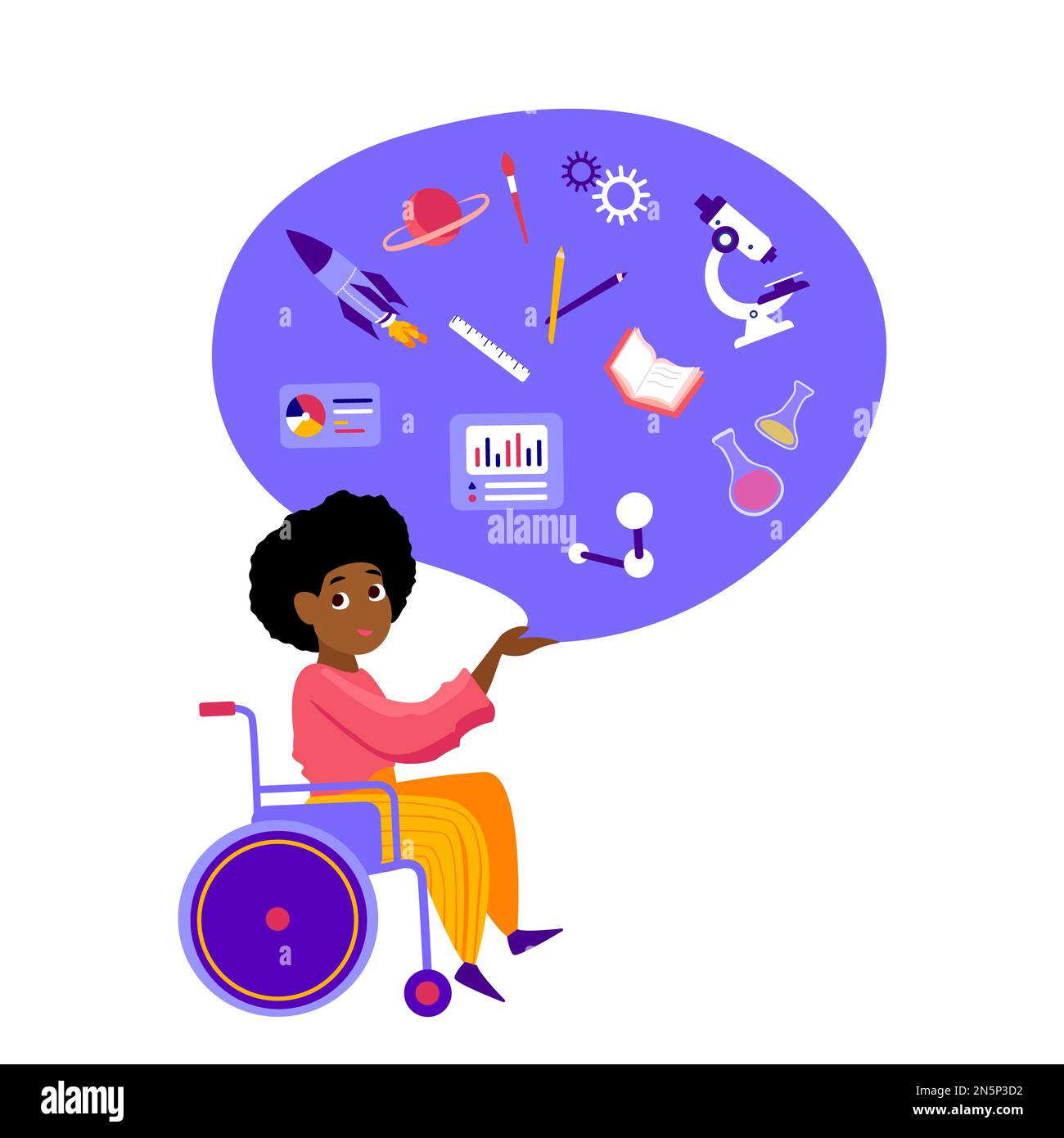 Femme africaine à la peau sombre handicapée handicapée enthousiaste en fauteuil roulant avec beaucoup de Hobbies, intérêts, obtenir l'éducation.libre choix.opportunités pour Banque D'Images