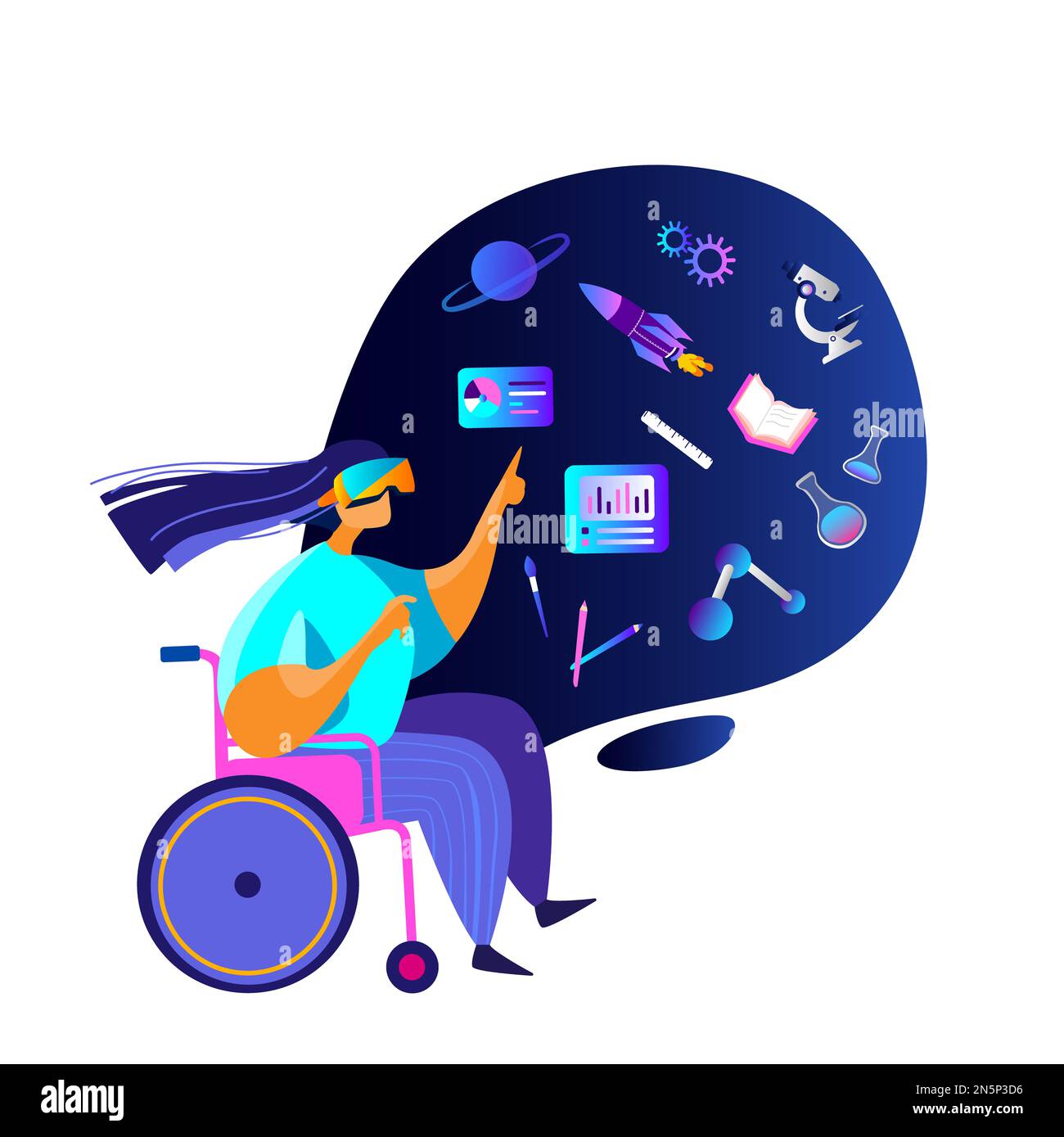 Réalité virtuelle.femme handicapée en fauteuil roulant étudier, porter un casque VR.obtenir de l'éducation.future technologie Science, diagrammes, espace. Internet onli Banque D'Images