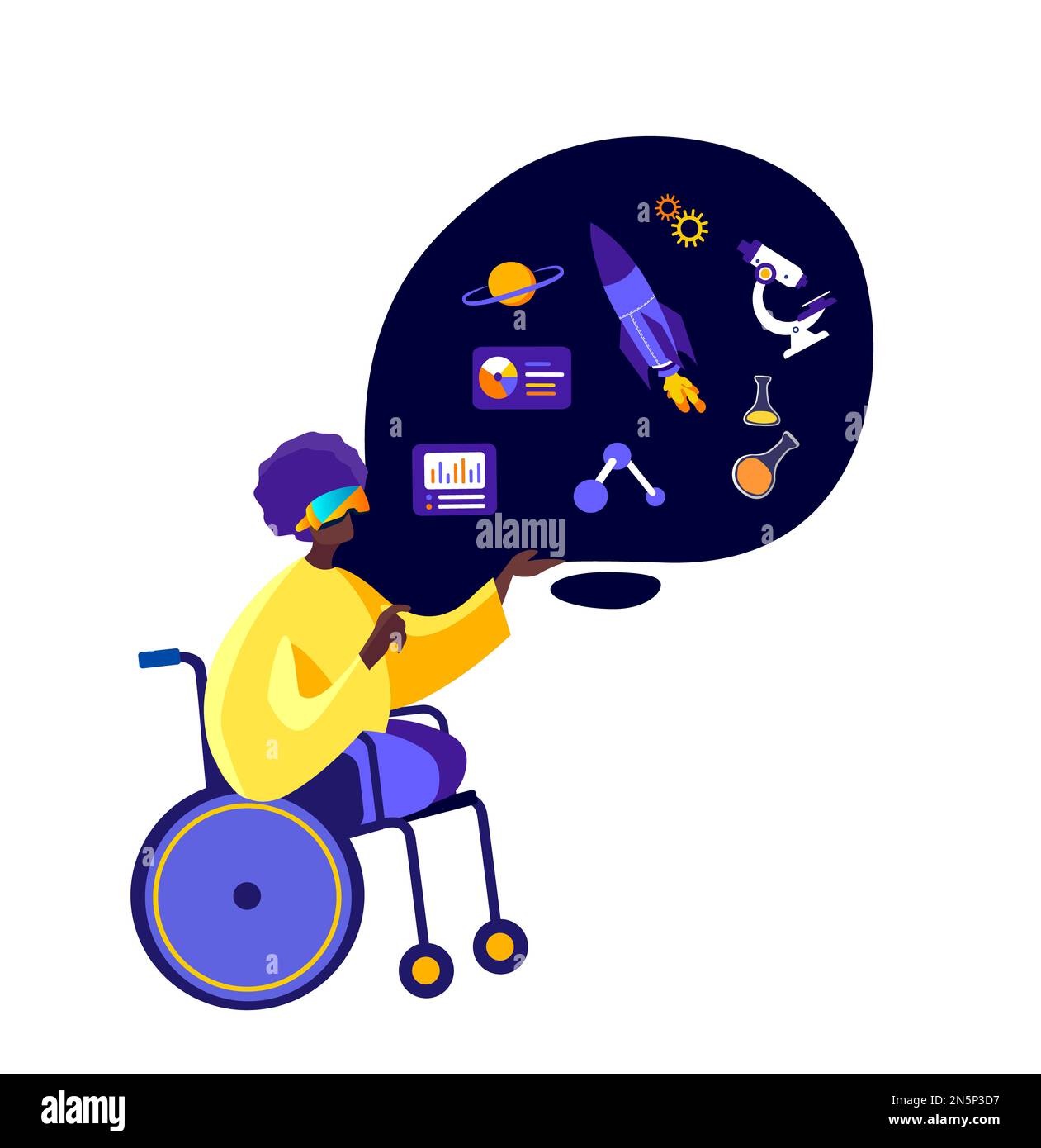 Réalité virtuelle. Handicapés Africain Dark skinned Footless Man in chair Study, porter un casque VR.Get Education. Technologie future. Internet Banque D'Images