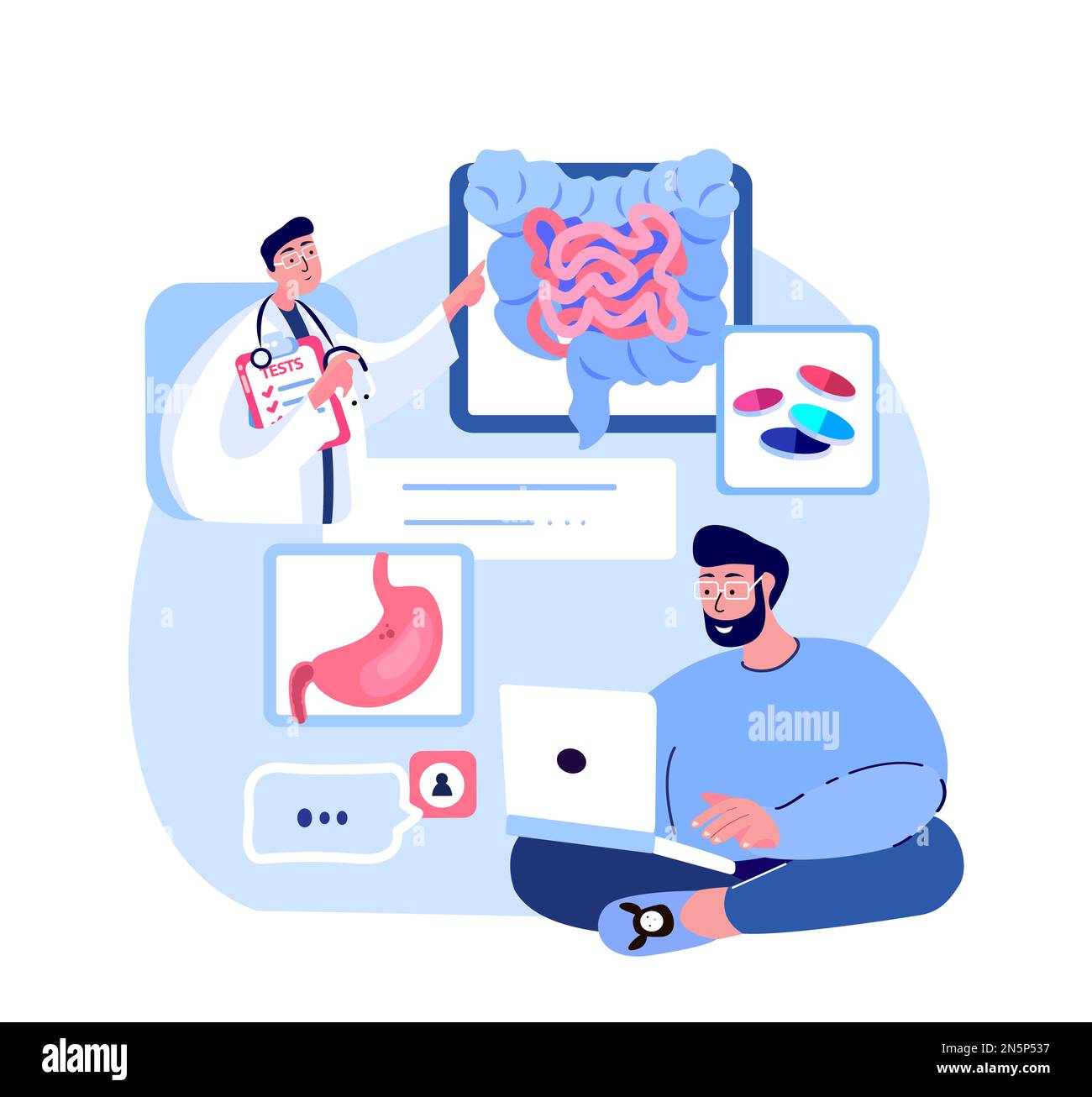 Docteur Consultate patient Man,maux d'estomac,maux d'intestin.Online Internet gestion virtuelle de la douleur. Consultation numérique Hôpital médical Diagn Banque D'Images