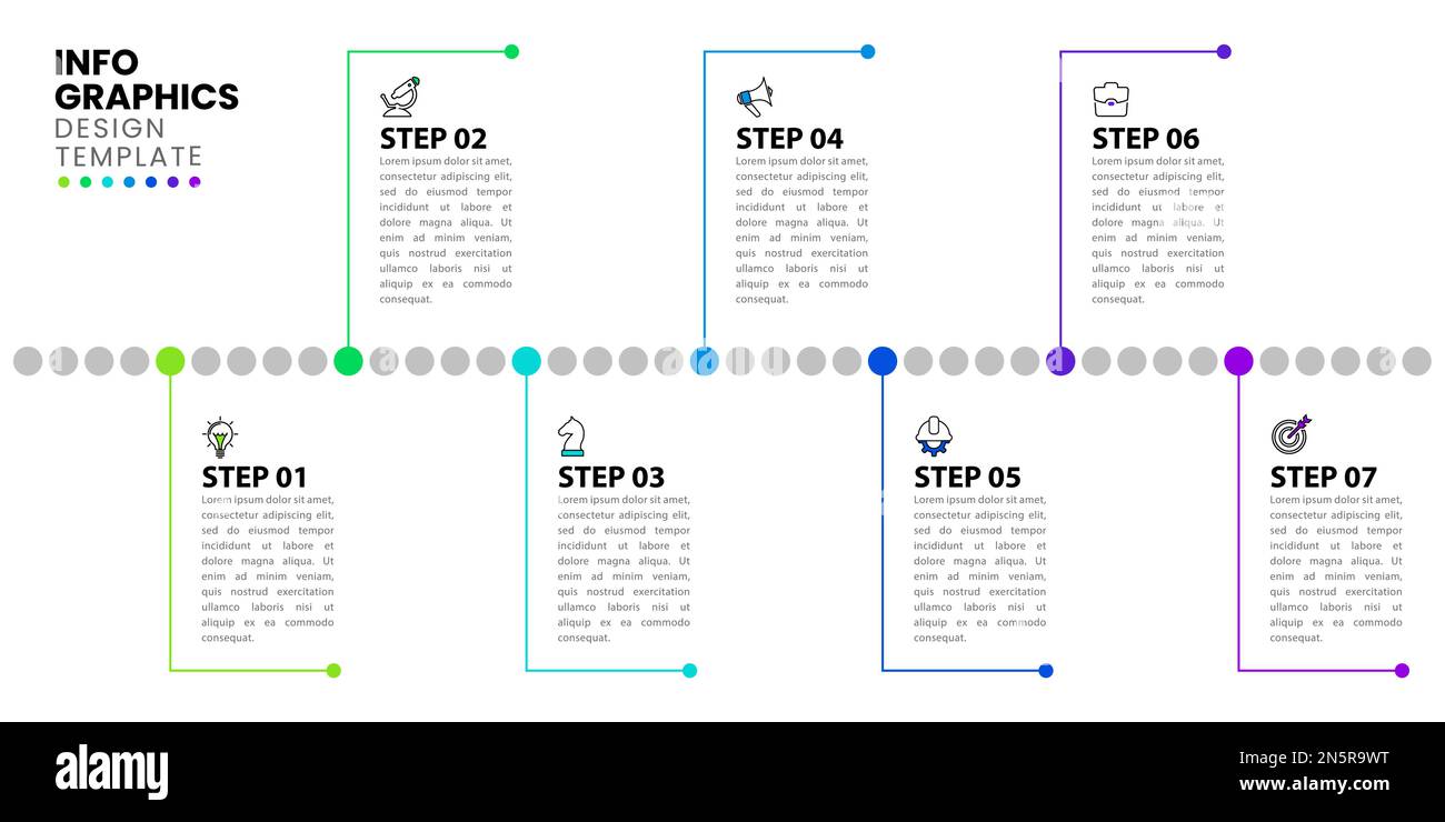 Modèle d'infographie avec icônes et 7 options ou étapes. Chronologie. Peut être utilisé pour la mise en page de flux de travail, le diagramme, la bannière, la conception Web. Illustration vectorielle Illustration de Vecteur