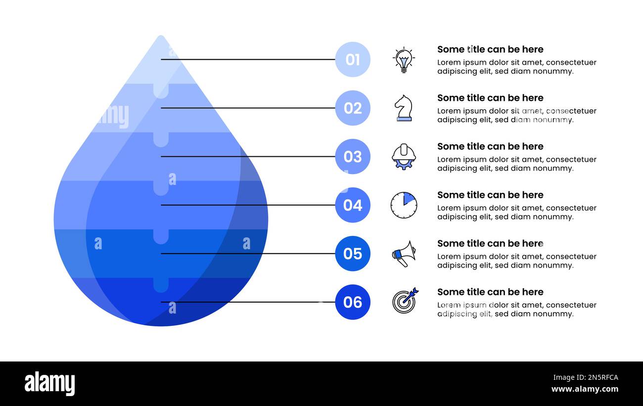 Modèle d'infographie avec icônes et 6 options ou étapes. Goutte d'eau. Peut être utilisé pour la mise en page de flux de travail, le diagramme, la bannière, la conception Web. Illustration vectorielle Illustration de Vecteur