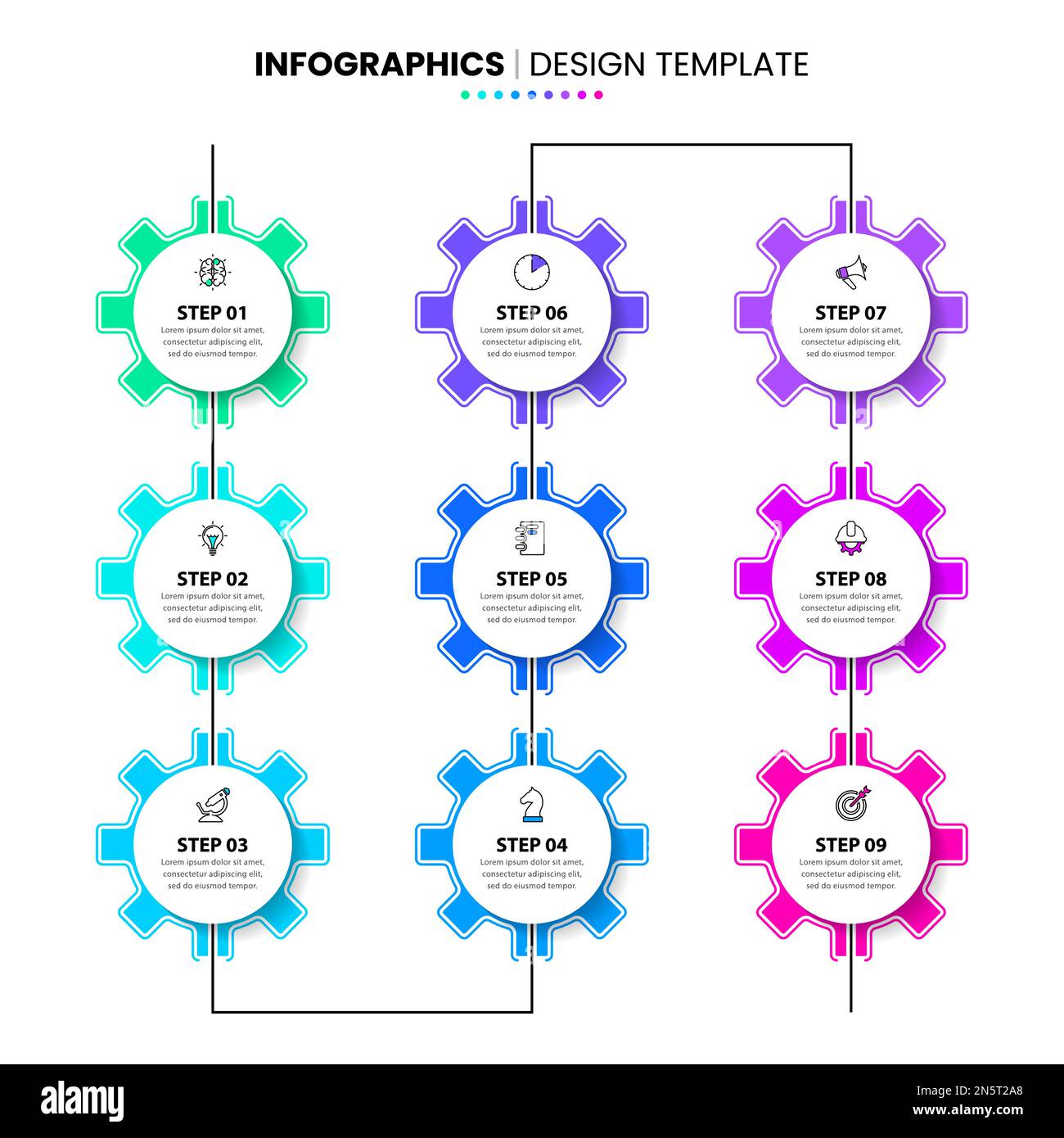 Modèle d'infographie avec icônes et 9 options ou étapes. Peut être utilisé pour la mise en page de flux de travail, le diagramme, la bannière, la conception Web. Illustration vectorielle Illustration de Vecteur