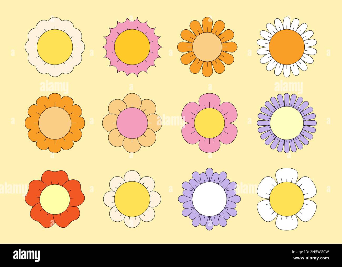 Ensemble camomille à motif rétro et groovy. Différentes collections de pâquerettes hippie. Collection hippy de fleurs psychédéliques. Lot d'autocollants positif vintage pour plantes de style dessin animé. Y2K éléments vectoriels tendance pour la culture pop Illustration de Vecteur