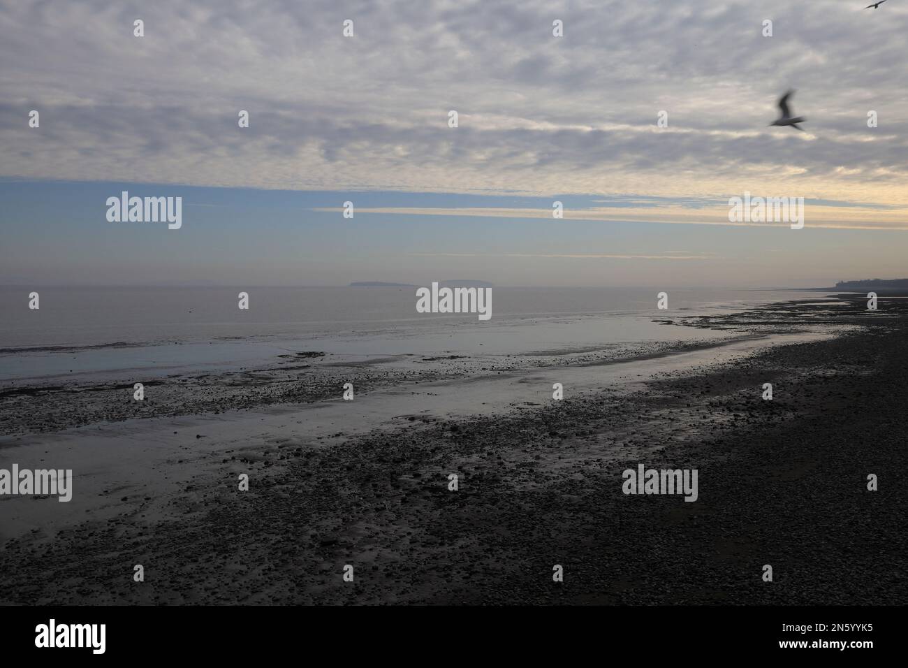 Penarth plage avec la marée dehors, en regardant vers l'île de Flat Holm sur la ligne d'horizon. Journée brumeuse. Prise en février 2023. hiver. Banque D'Images