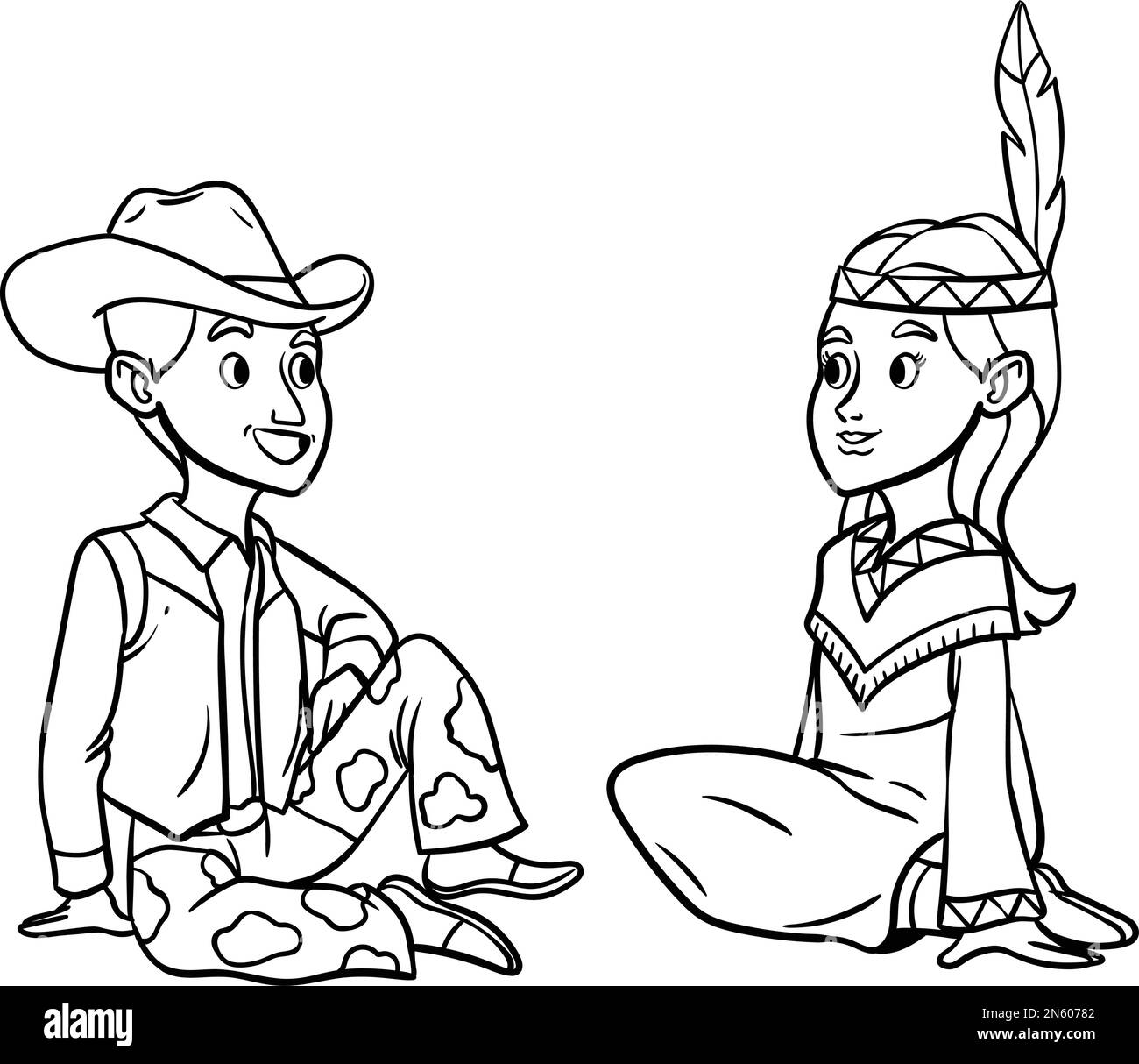 Cowboy avec une fille indienne américaine isolée Illustration de Vecteur