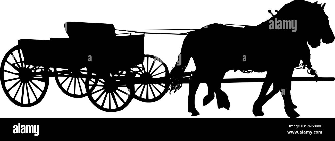 Équipe de chevaux tirant le chariot dans la silhouette noire Illustration de Vecteur