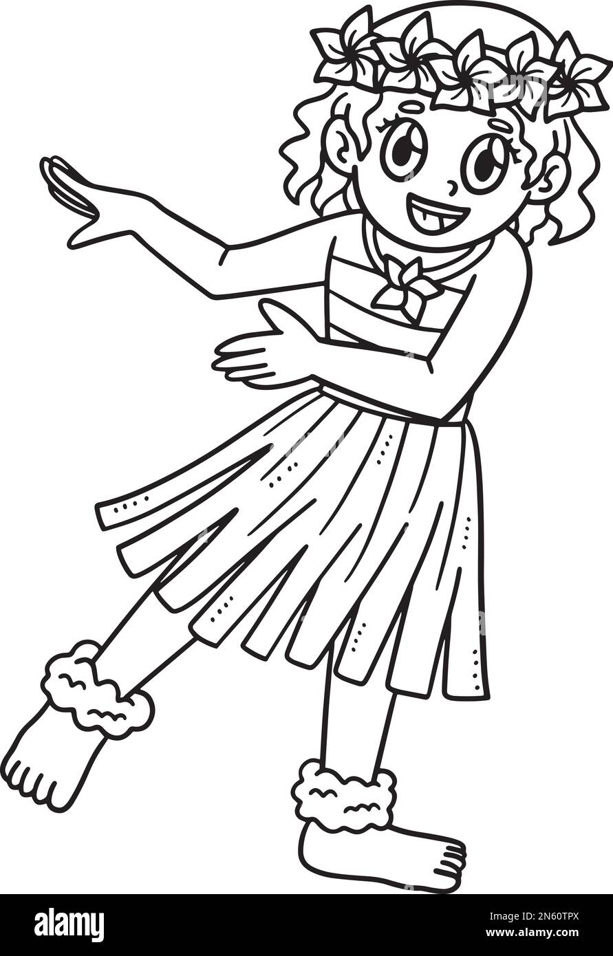 Fille dans Hula tenue isolé coloriage page Illustration de Vecteur