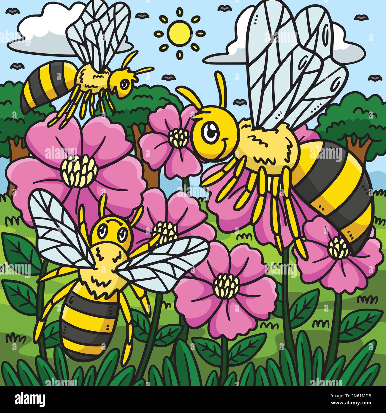 Les abeilles printanières collectant du pollen coloré Illustration Illustration de Vecteur