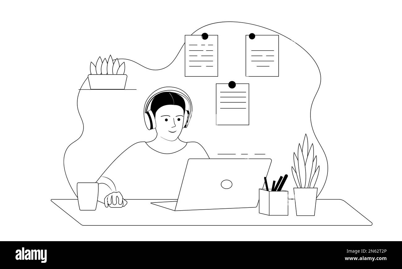 Apprentissage des étudiants en ligne à la maison. Personnage assis au bureau. Concept de formation en ligne. Illustration d'une ligne Illustration de Vecteur