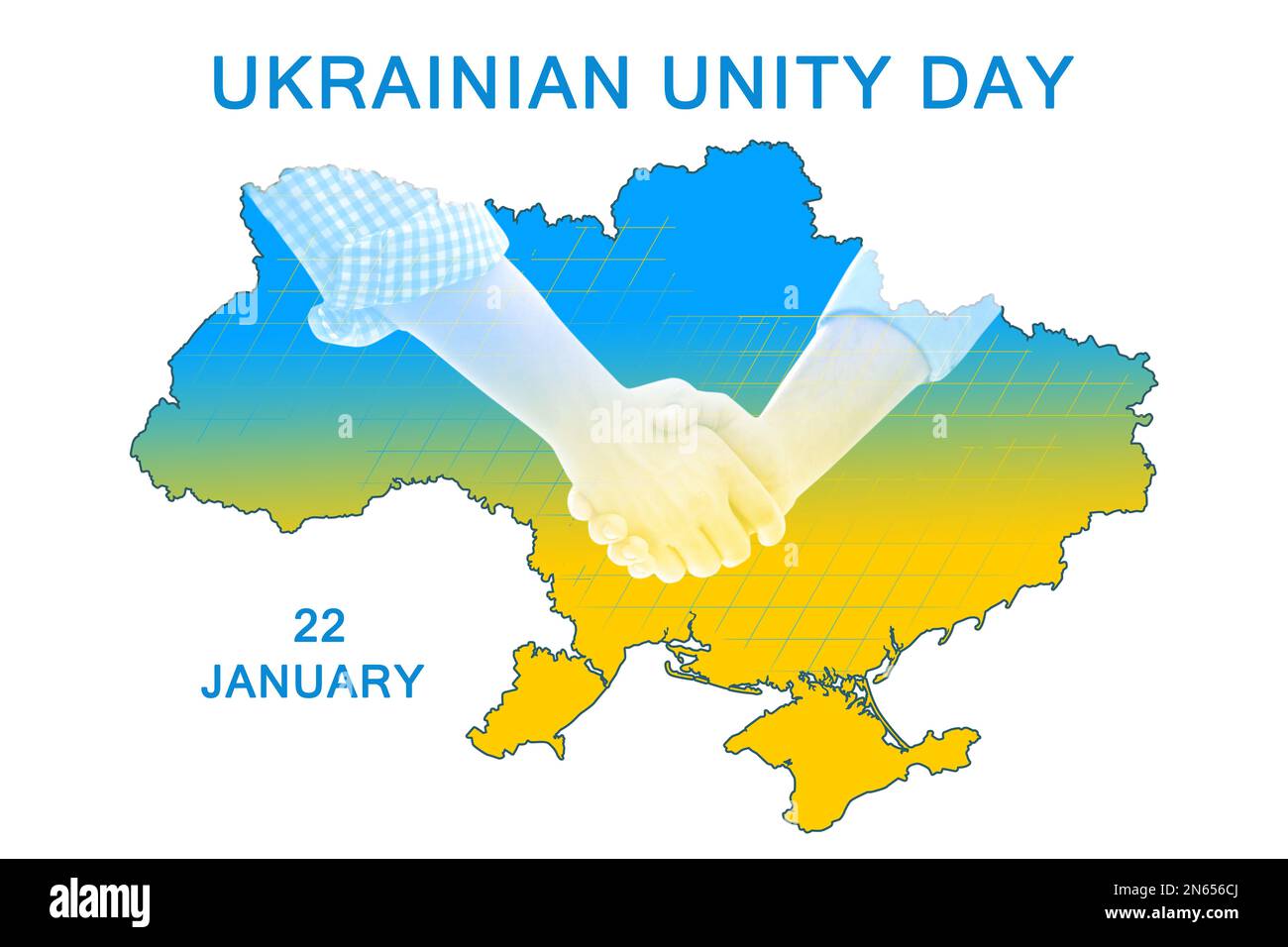 Motif poster de la fête de l'unité ukrainienne. Des gens qui se secouent les mains et la carte sur fond blanc, double exposition Banque D'Images