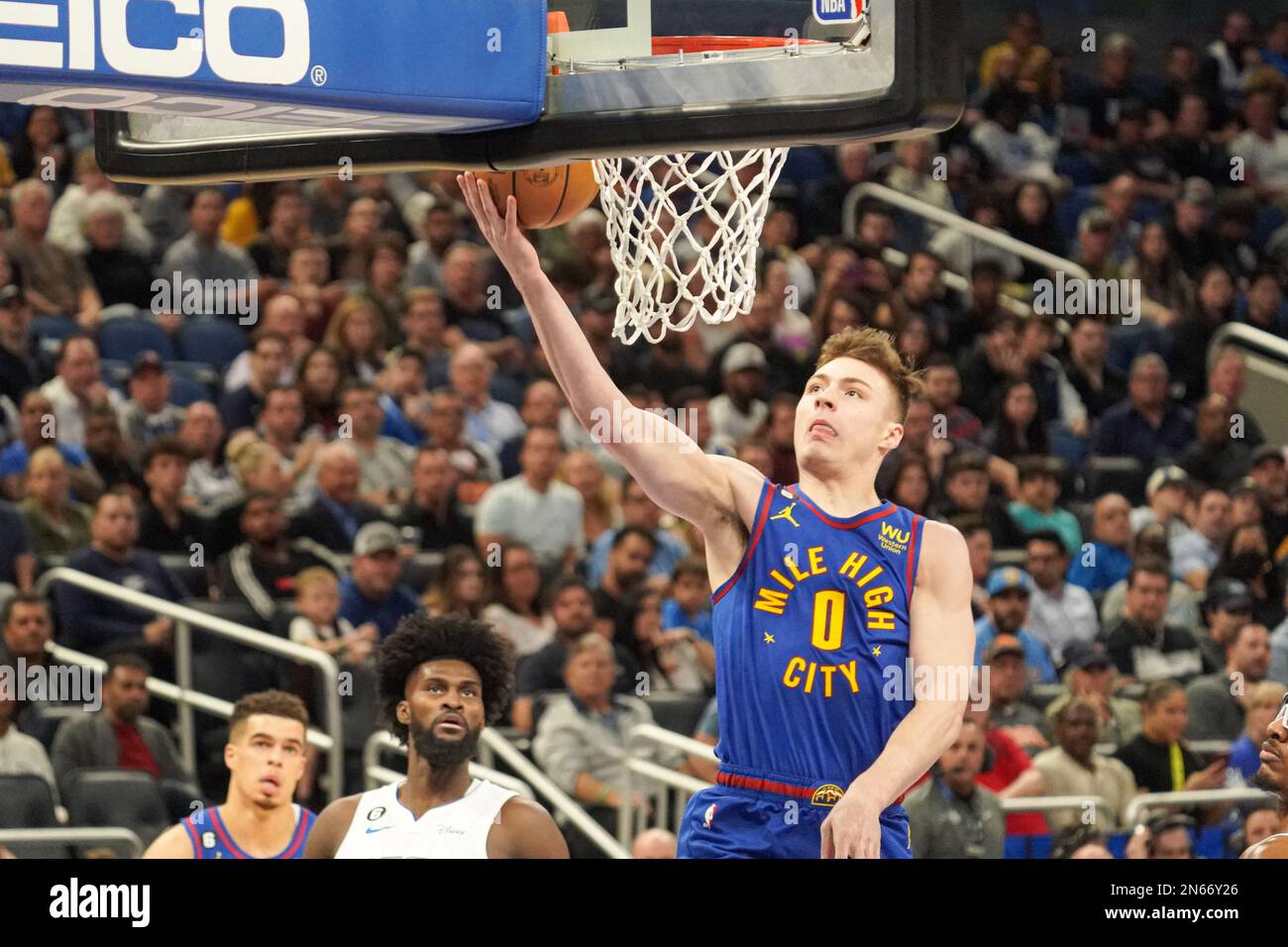 Orlando, Floride, États-Unis, 9 février 2023, La garde de Denver Nuggets Christian Braun #0 fait une mise à pied dans la première moitié au Centre Amway. (Photo de Marty Jean-Louis/Sipa USA) Banque D'Images