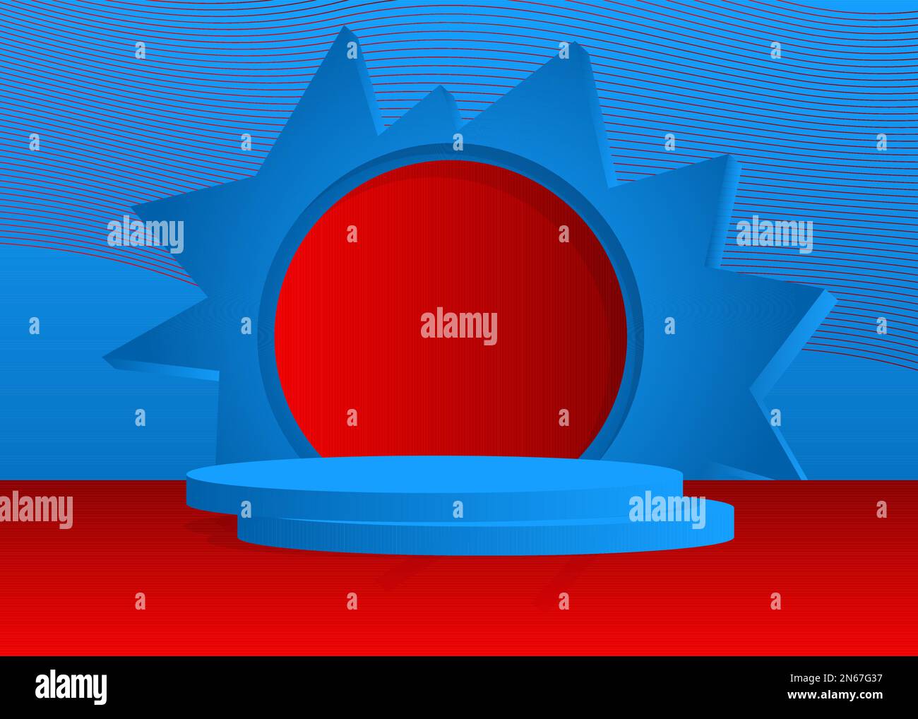 Podium de pied de cylindre de maquette bleu et rouge. Présentation du produit Abstract 3D. Présentation réaliste des scènes vectorielles pour la présentation. Formes géométriques minimales, Illustration de Vecteur