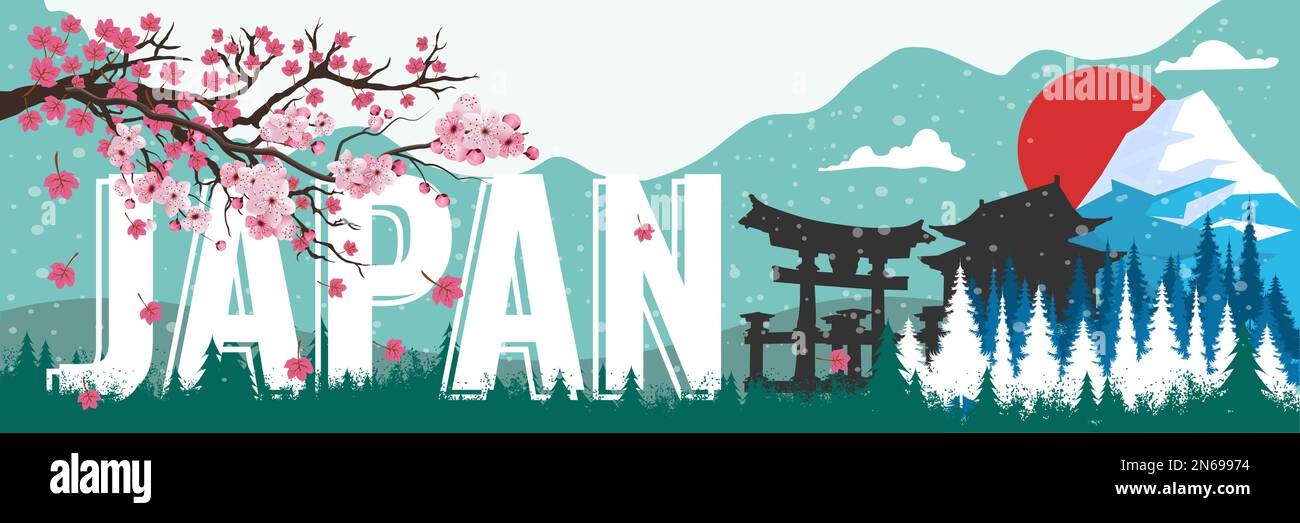 Bannière de la journée nationale du Japon avec thème paysage d'hiver en arrière-plan. Jour de fondation nationale du japon avec illustration des monuments japonais. Illustration de Vecteur