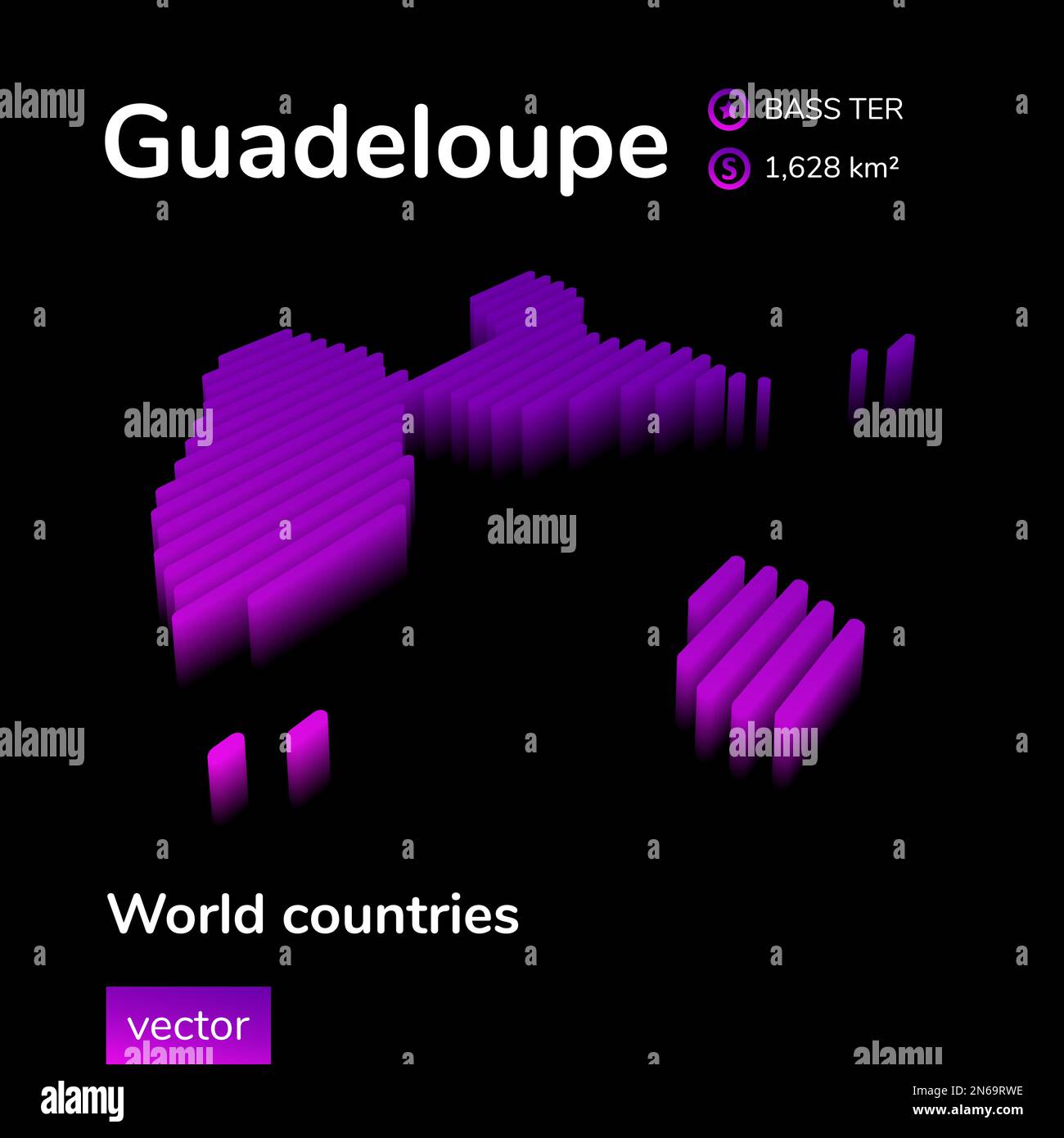 Guadeloupe 3D carte. Stylisé néon simple numérique isométrique rayé vecteur carte de la Guadeloupe est en violet sur fond noir Illustration de Vecteur