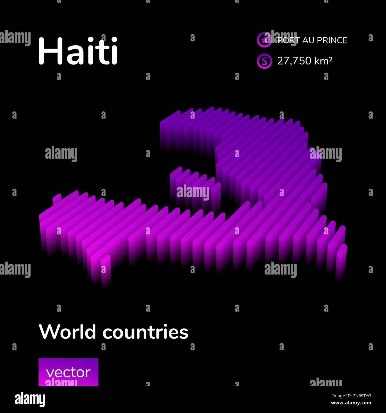 Haïti 3D carte. Vecteur à rayures isométriques au néon stylisé la carte d'Haïti est en violet sur fond noir. Bannière éducative Illustration de Vecteur
