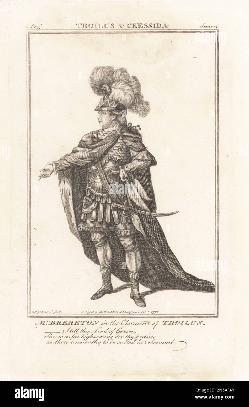 M. Brereton dans le caractère de Troilus dans Troilus et Cressida de William Shakespeare. En casque romain avec panaches, cloak, cuirass, bottes, avec épée. William Brereton, 1751-1787, acteur anglais qui est mort fou à Hoxton Asylum. Gravure sur plaque après un portrait de Robert Dighton de l'édition de Shakespeare de John Bell, Londres, 1 février 1776. Banque D'Images
