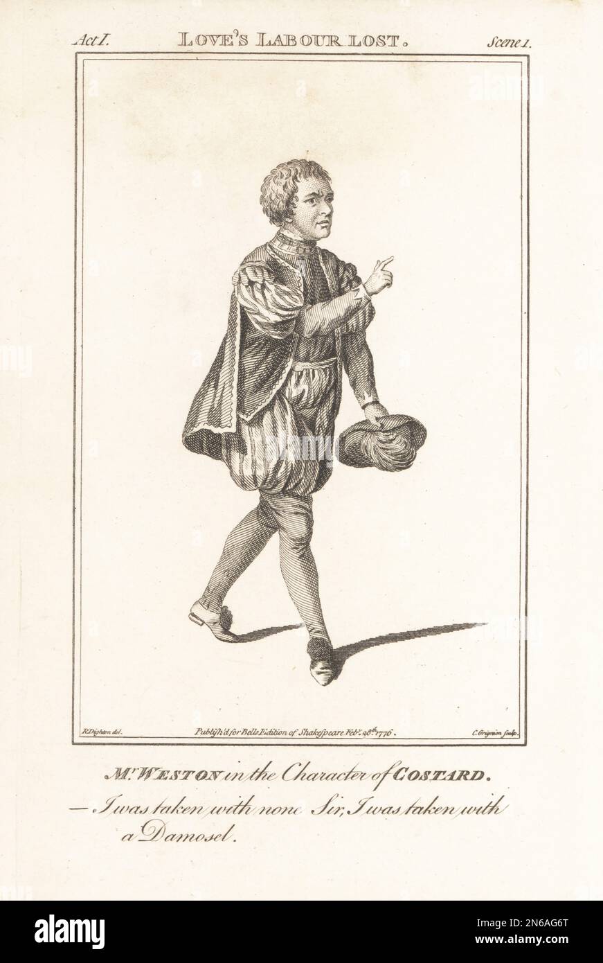 M. Thomas Weston dans le caractère de Costard dans le travail de l'Amour de William Shakespeare perdu. En doublet à manches bouffantes, culottes, cape courte, tenant une casquette plompée. Weston n'a pas joué ce rôle. Thomas Weston, célèbre comique anglais, est mort d'alcoolisme, 1737–1776. Gravure sur plaque de coperplate par Charles Grignion après un portrait de James Roberts de l'édition John Bell de Shakespeare, Londres, 28th février 1776. Banque D'Images