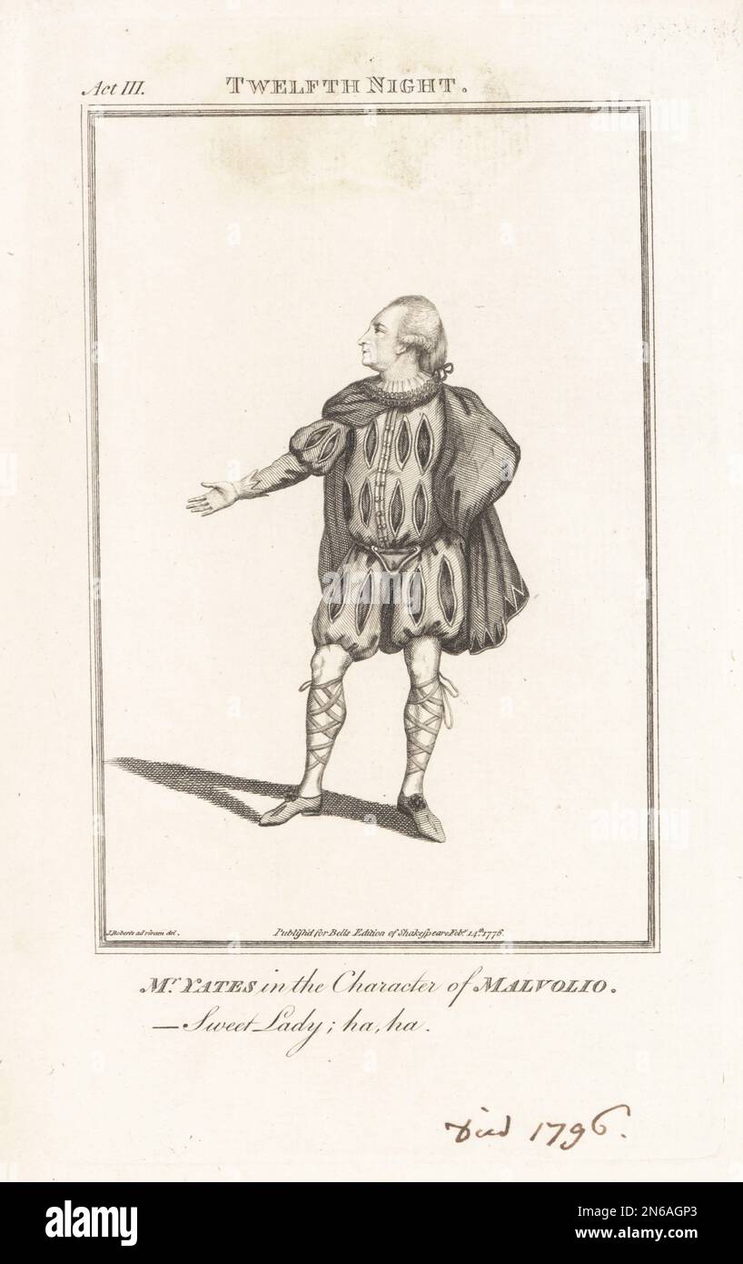 M. Yates dans le personnage de Malvolio dans la douzième nuit de William Shakespeare, Drury Lane Theatre, 7 janvier 1751. En manteau court, collier à revers, doublet et tuyau en double. Richard Yates, c.1706-1796, comédien anglais. Gravure sur plaque après un portrait de James Roberts de l'édition de Shakespeare de John Bell, Londres, 14th février 1776. Banque D'Images