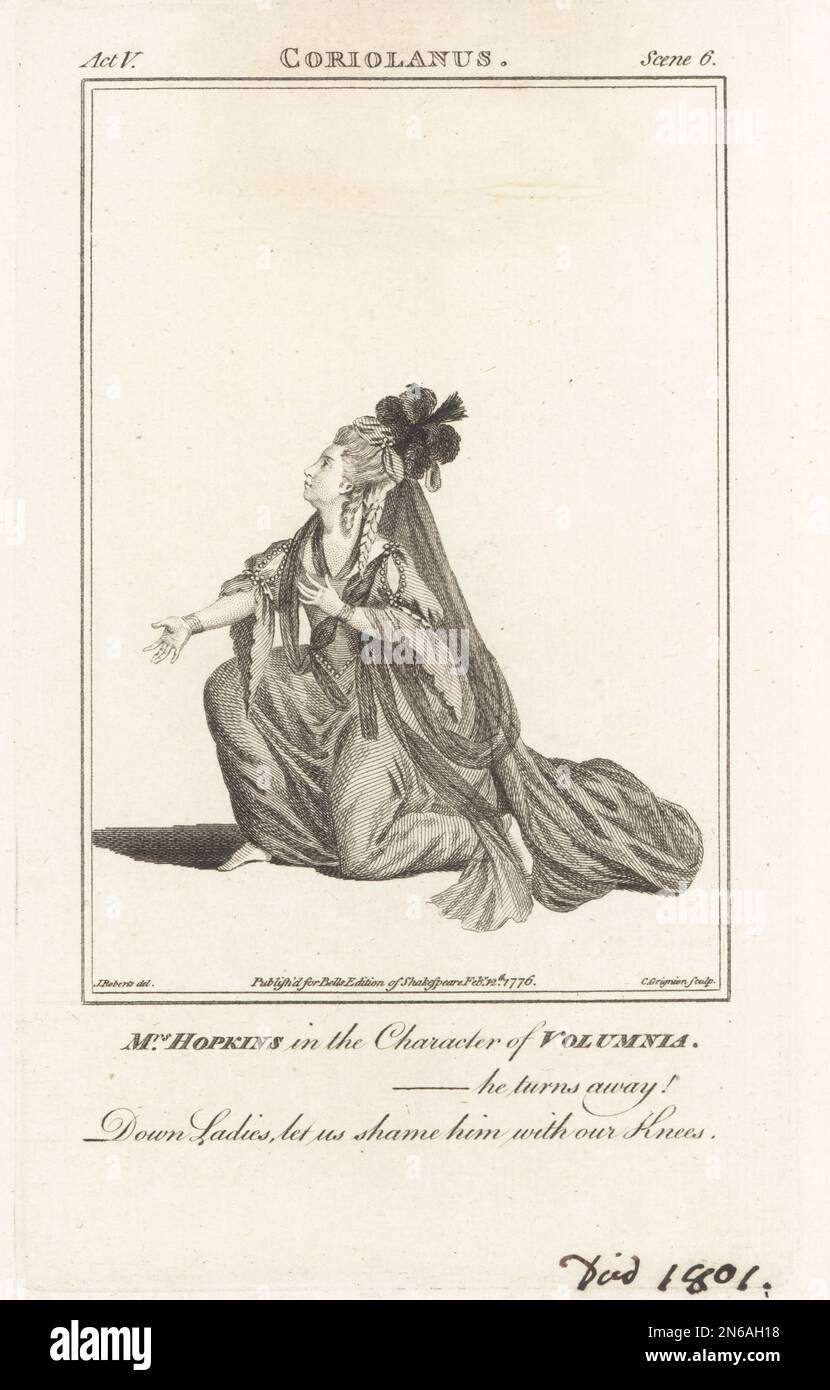Mme Hopkins dans le caractère de Volumnia dans le Coriolanus de William Shakespeare. Dans une coiffe plumée avec un long voile, robe perlée avec un long train. Elizabeth Hopkins, actrice anglaise, épouse le prompteur de Drury Lane William Hopkins, 1731-1801. Gravure sur plaque après un portrait de James Roberts de l'édition de Shakespeare de John Bell, Londres, 12th février 1776. Banque D'Images