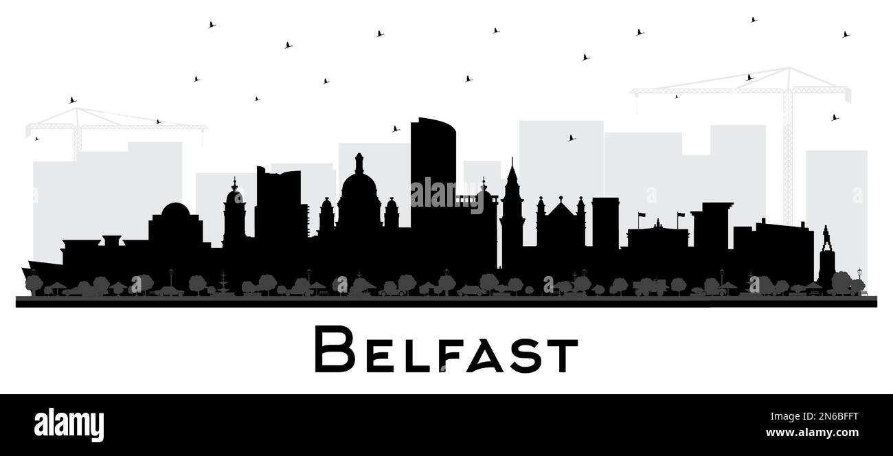 Belfast Northern Ireland City Skyline Silhouette avec bâtiments noirs isolés sur blanc. Illustration vectorielle. Belfast CityScape avec des sites touristiques. Illustration de Vecteur