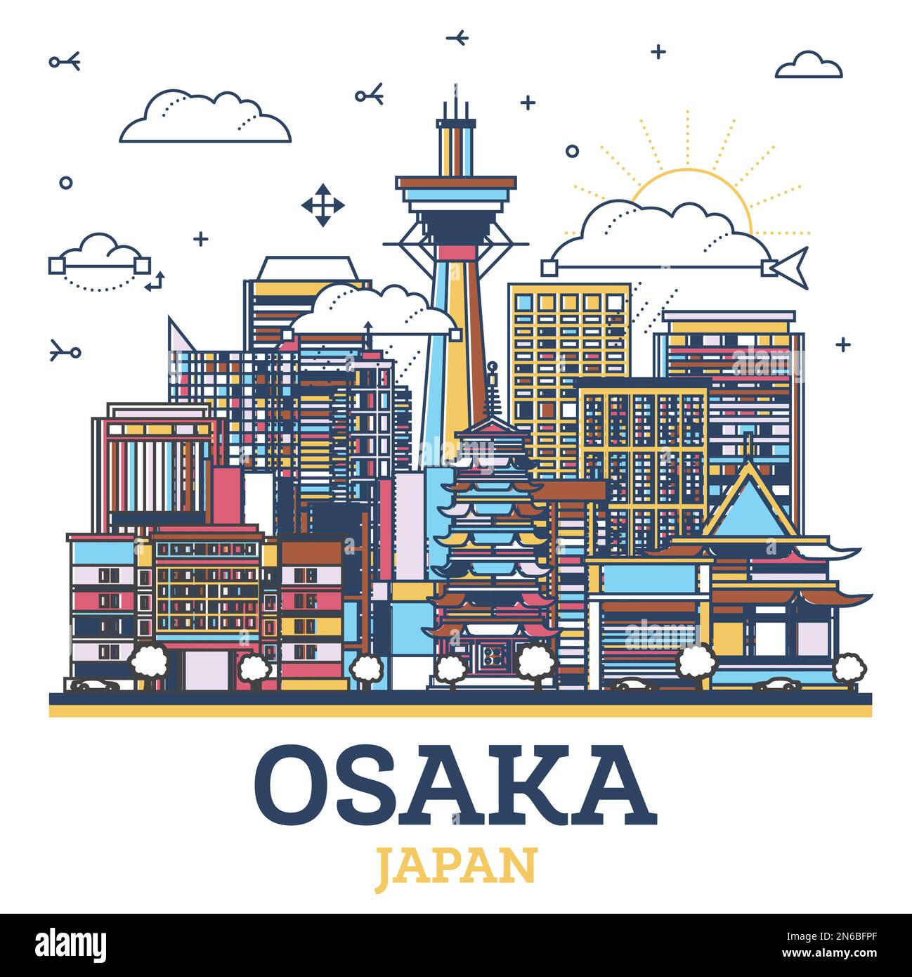 Outline Osaka Japan City Skyline avec des bâtiments de couleur moderne isolés sur blanc. Illustration vectorielle. Paysage urbain d'Osaka avec des monuments. Illustration de Vecteur