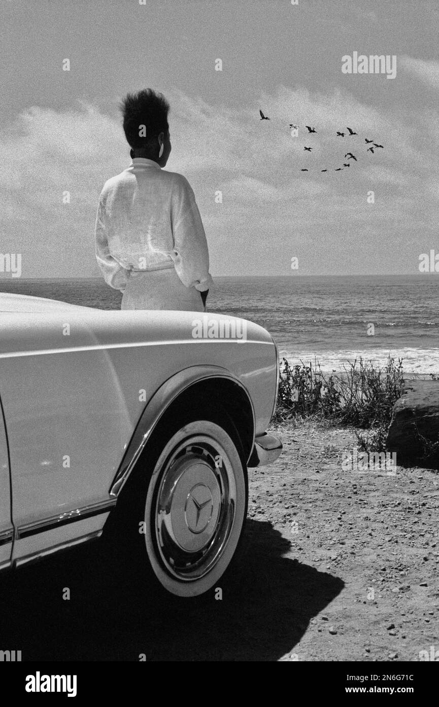 Femme noire regardant le troupeau d'oiseaux, femme afro-américaine devant la voiture au bord de la mer, femme debout devant Mercedes, oiseaux volant par la mer Banque D'Images