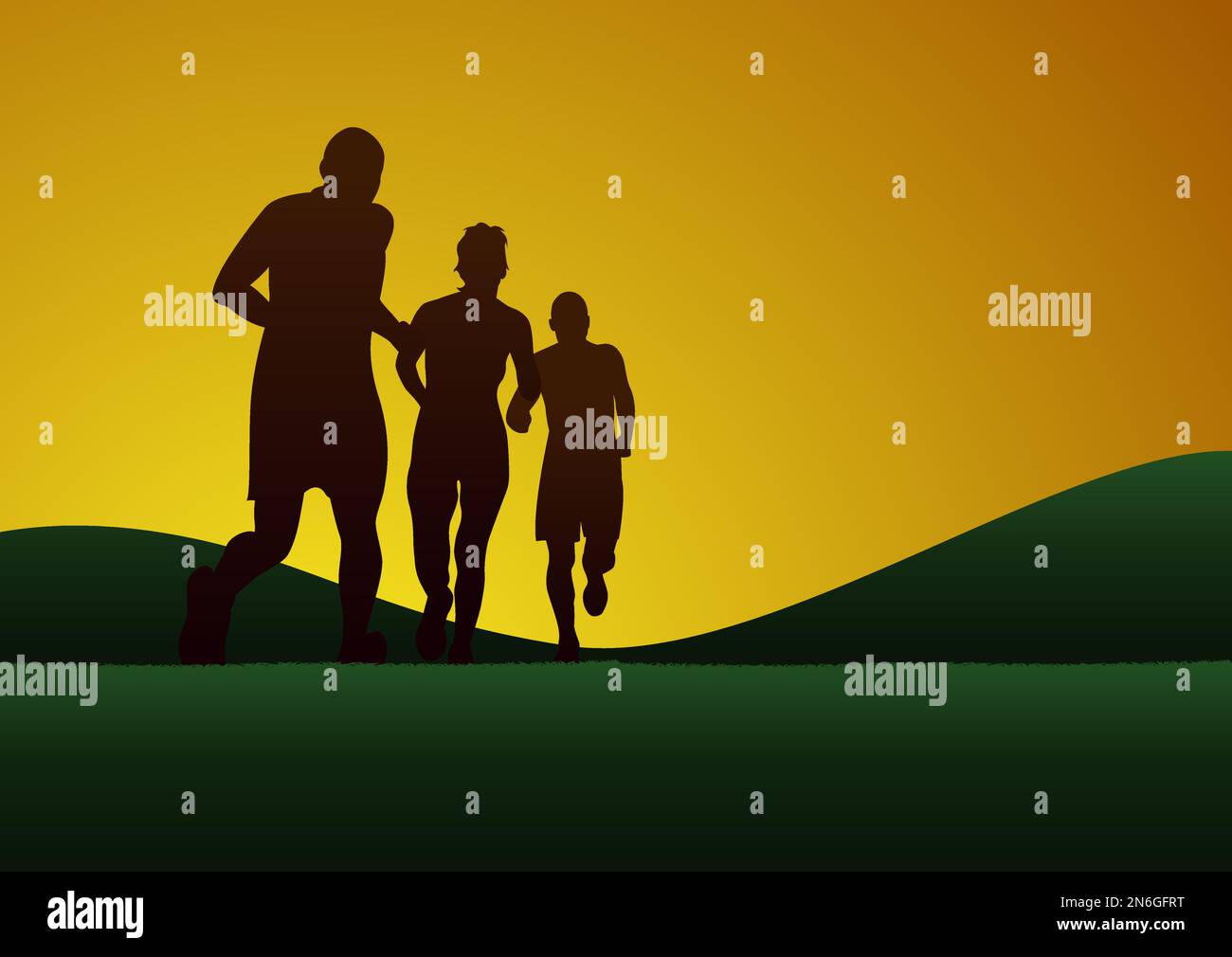 Coureurs, marathon à la campagne au coucher du soleil, affiche Vector cross country, en silhouette Illustration de Vecteur