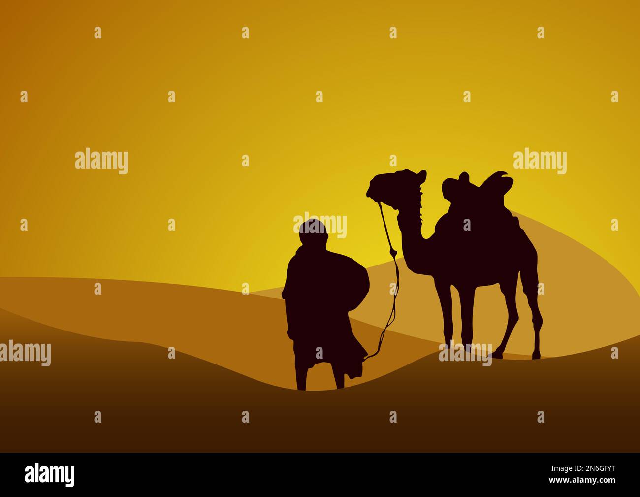 caravane dans le désert, coucher de soleil. Poster vecteur chameau et bédouin dans le Sahara en silhouette Illustration de Vecteur