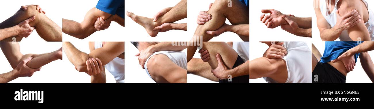 Compilation de la douleur dans diverses parties du corps avec la personne habillée dans le sport touchant la partie touchée avec un fond blanc isolé. Banque D'Images