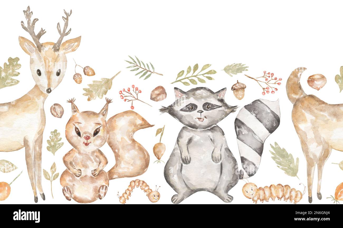 Bordure sans couture pour animaux forestiers peints à la main aquarelle. Les animaux des bois répètent le motif. Design pour invitation de douche de bébé, carte, textile. Animaux mignons Banque D'Images
