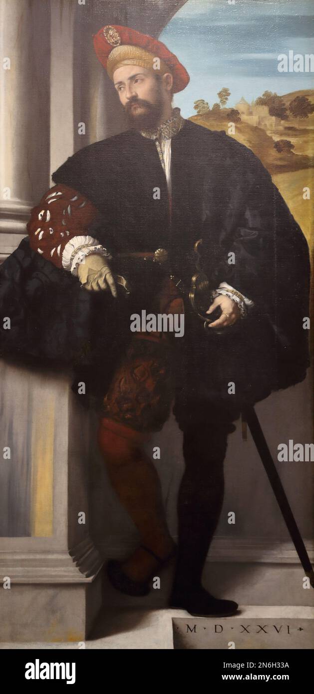 Portrait d'un homme par le peintre italien de la Renaissance Moretto da Brescia à la National Gallery, Londres, Royaume-Uni Banque D'Images