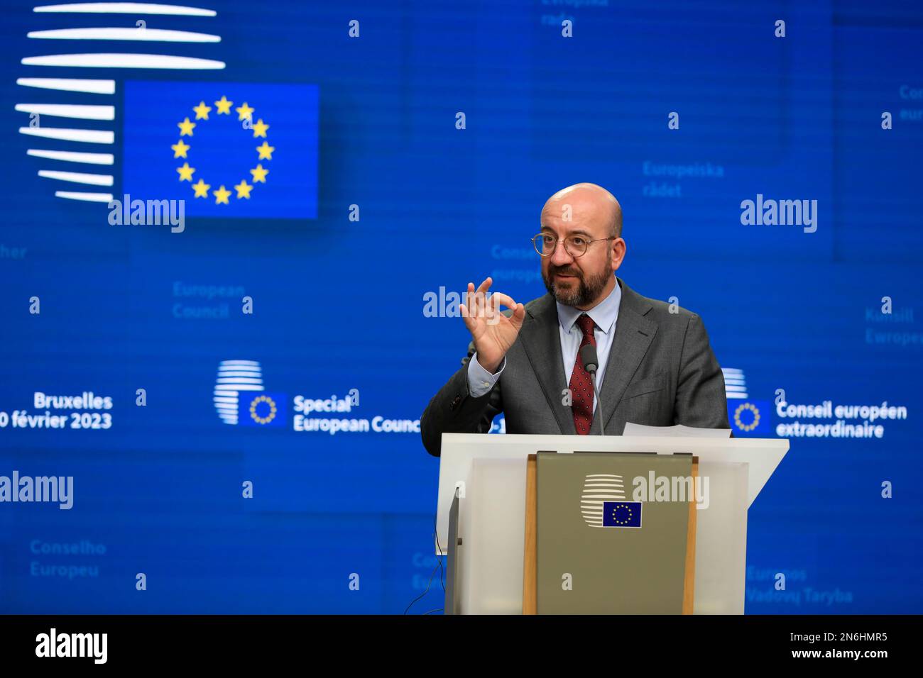 Belgique / Bruxelles 09/02/2023, Nicolas Landemard / le Pictorium - Illustration de l'hémicycle du Parlement européen - 10/2/2023 - Belgique / Bruxelles / Bruxelles - Ursula Von Der Leyen (chef de la Commission européenne) et Charles Michel (chef du Conseil de l'Europe), A tenu une conférence de presse commune à la fin du sommet européen extraordinaire tenu dans la capitale belge. Banque D'Images