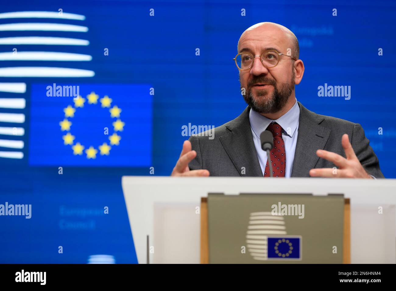 Belgique / Bruxelles 09/02/2023, Nicolas Landemard / le Pictorium - Illustration de l'hémicycle du Parlement européen - 10/2/2023 - Belgique / Bruxelles / Bruxelles - Ursula Von Der Leyen (chef de la Commission européenne) et Charles Michel (chef du Conseil de l'Europe), A tenu une conférence de presse commune à la fin du sommet européen extraordinaire tenu dans la capitale belge. Banque D'Images