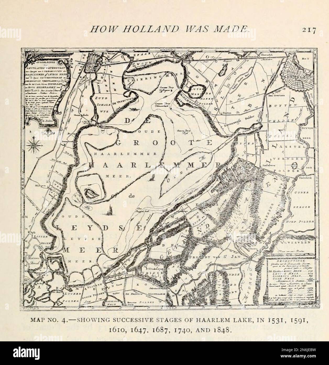 CARTE MONTRANT LES ÉTAPES SUCCESSIVES DU LAC HAARLEM, EN I53I, I59I, 161O, 1647. 1687, 1740, ET 1848 de l'article " COMMENT LA HOLLANDE A ÉTÉ FAITE. Par Foster Crowell. Du magazine Engineering CONSACRÉ AU PROGRÈS INDUSTRIEL Volume IX avril à septembre 1895 NEW YORK The Engineering Magazine Co Banque D'Images