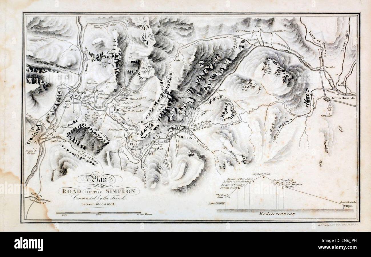 Carte du col du Simplon du livre ' pittoresque tour de Genève à Milan, en passant par le Simplon ' publié à Londres par R. Ackermann en 1820 Banque D'Images