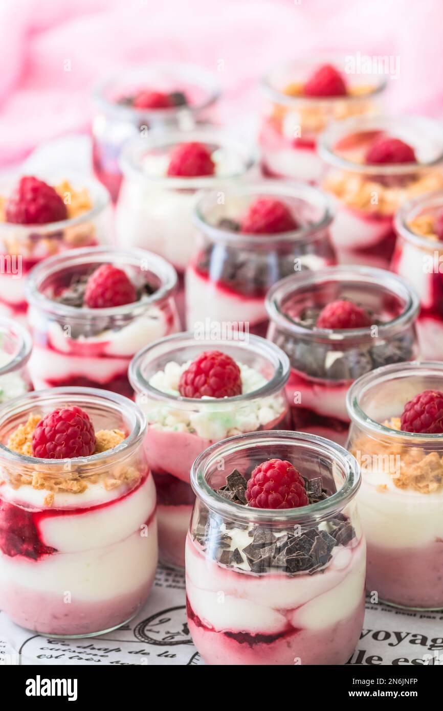 Dessert fruité au fromage blanc avec framboises et chocolat ou garniture croustillante dans de petits verres Banque D'Images