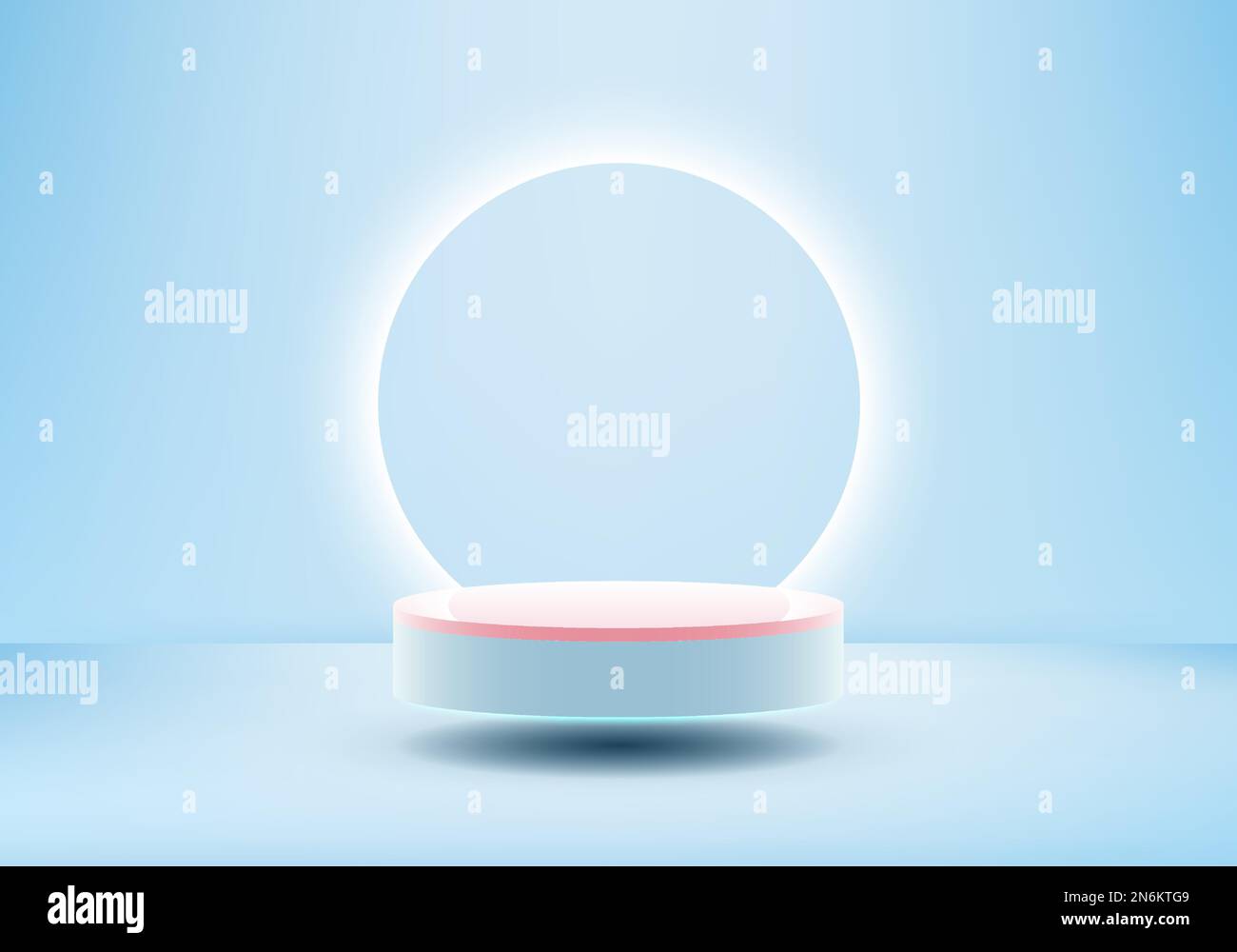 3D Podium cylindre bleu et rose de style minimaliste moderne et réaliste flottant dans les airs avec fond de cercle lumineux au néon sur fond bleu scène. Illustration de Vecteur