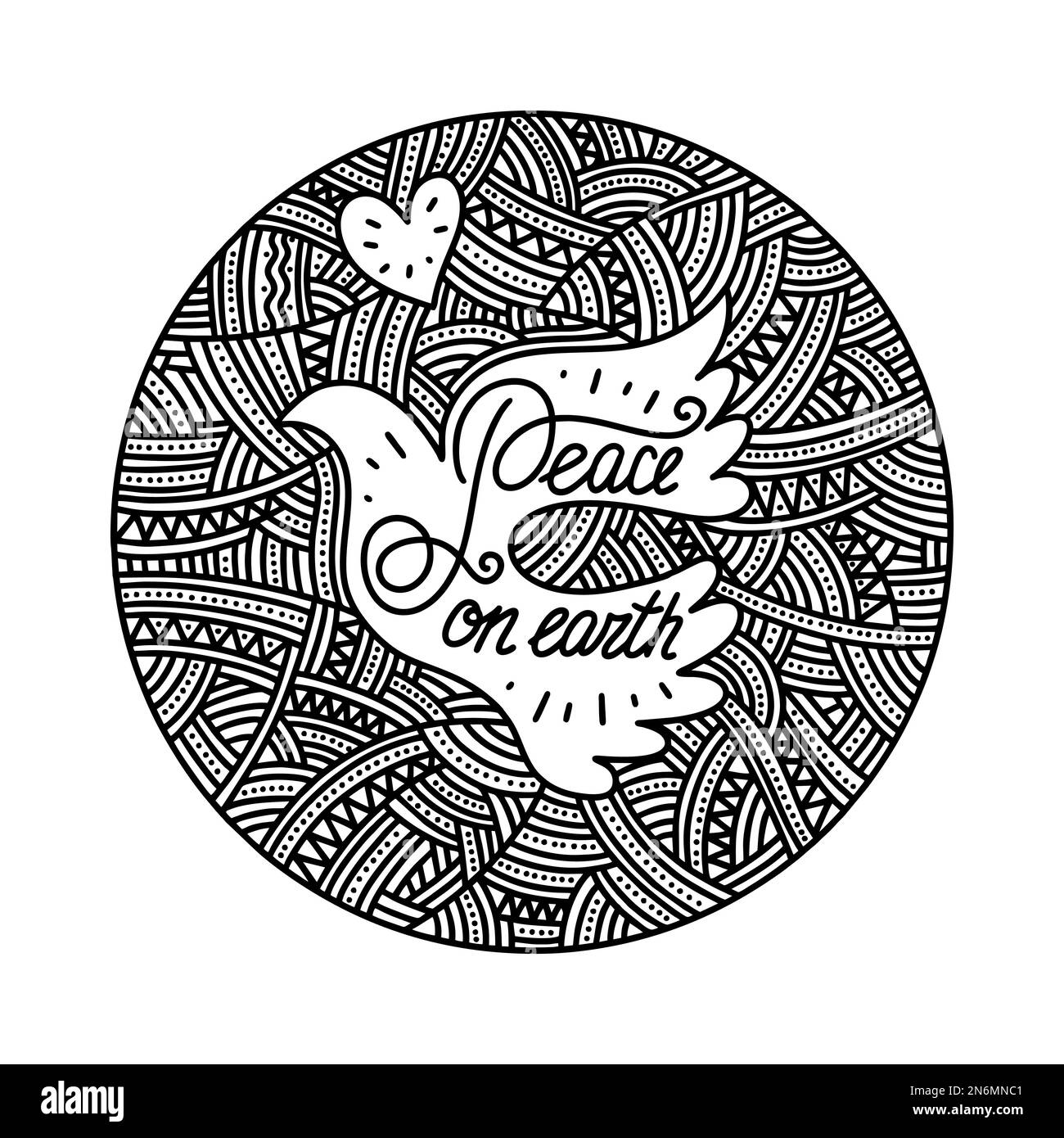 Illustration vectorielle de Noël. Une colombe dessinée à la main, et l'inscription « paix sur terre ». Illustration de Vecteur